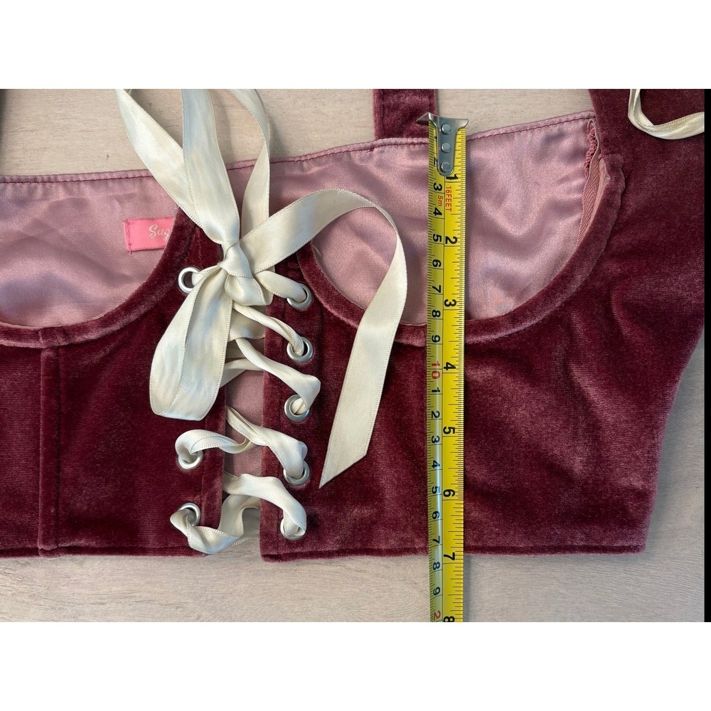 Sugar Trill Burgundy Velvet Corset Bustier Crop Top Ivory Ribbon LaceUp S - Picture 5 of 12